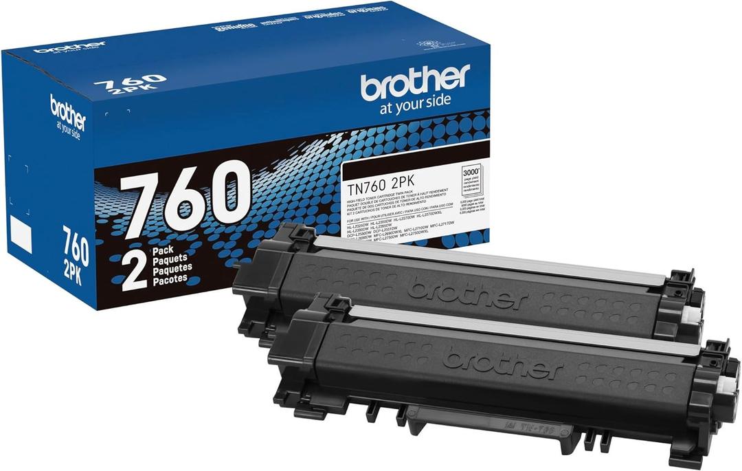 Brother Genuine High-Yield Black Toner Cartridge Twin Pack TN760 2Pk, TN7602PK,2 Pack (High Yield)