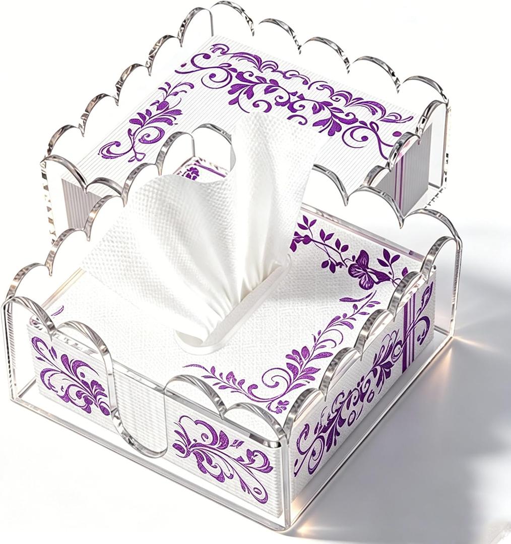 2 Pcs Acrylic Napkin Holder, Cocktail Napkin Holder, Clear Square Scalloped Tissue Dispenser with Wavy Edge for Table Kitchen Bathroom Bar, Fits 5x5 Inch Napkins (Not for Paper Towels)