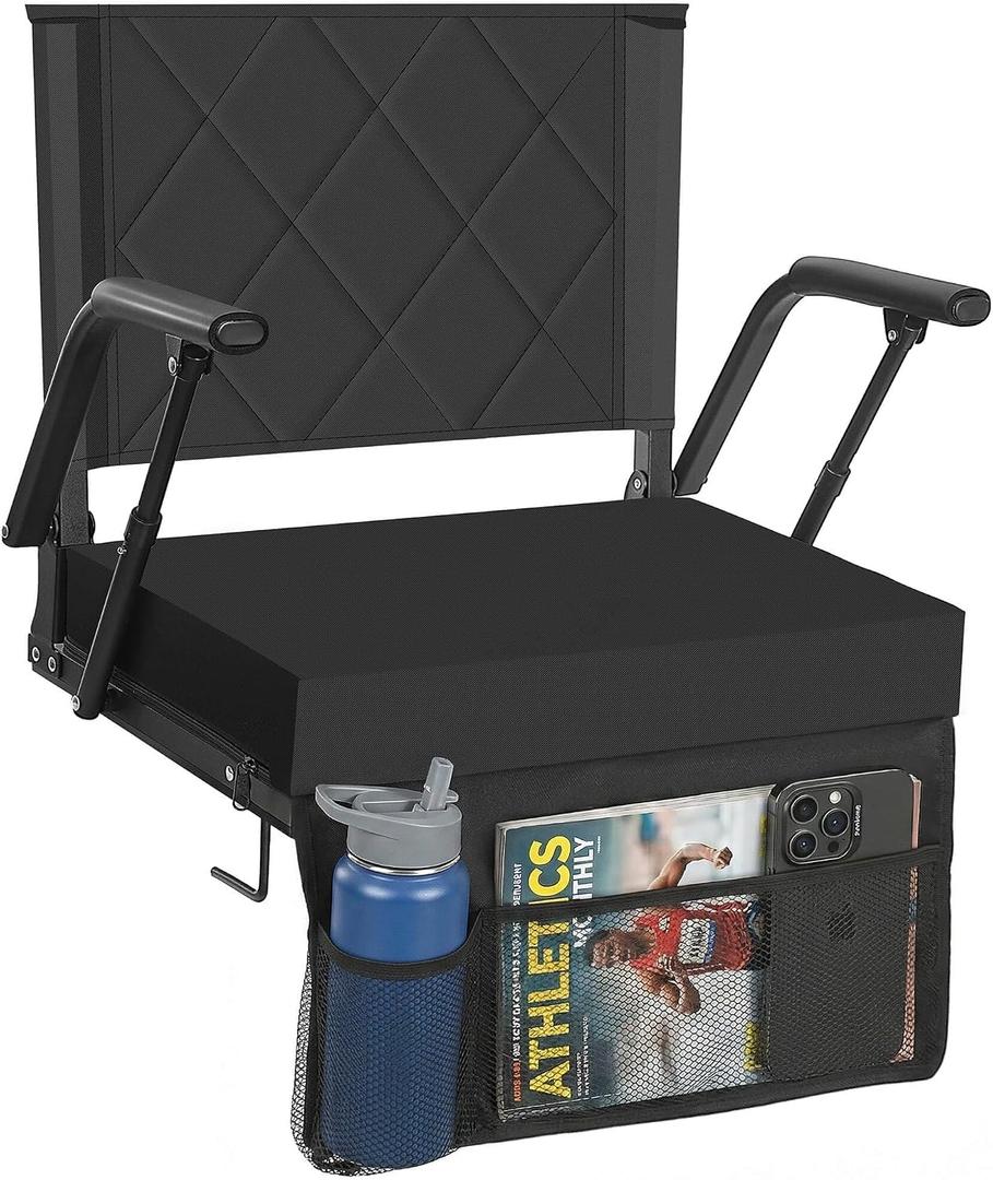 Sheenive Stadium Seats for Bleachers with Back Support (1 Pack) - 2.8'' Thick Wide Cushion & Padded Armrests, Cup Holder, Pockets, Carry Strap for Sports Events, Regular - 21.3"