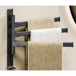 3 Arms Swivel Towel Rack Thicken Towel Holder with Hook Space Saving Towel Bar Wall Mount Swivel Towel Racks for Bathroom Kitchen-Black