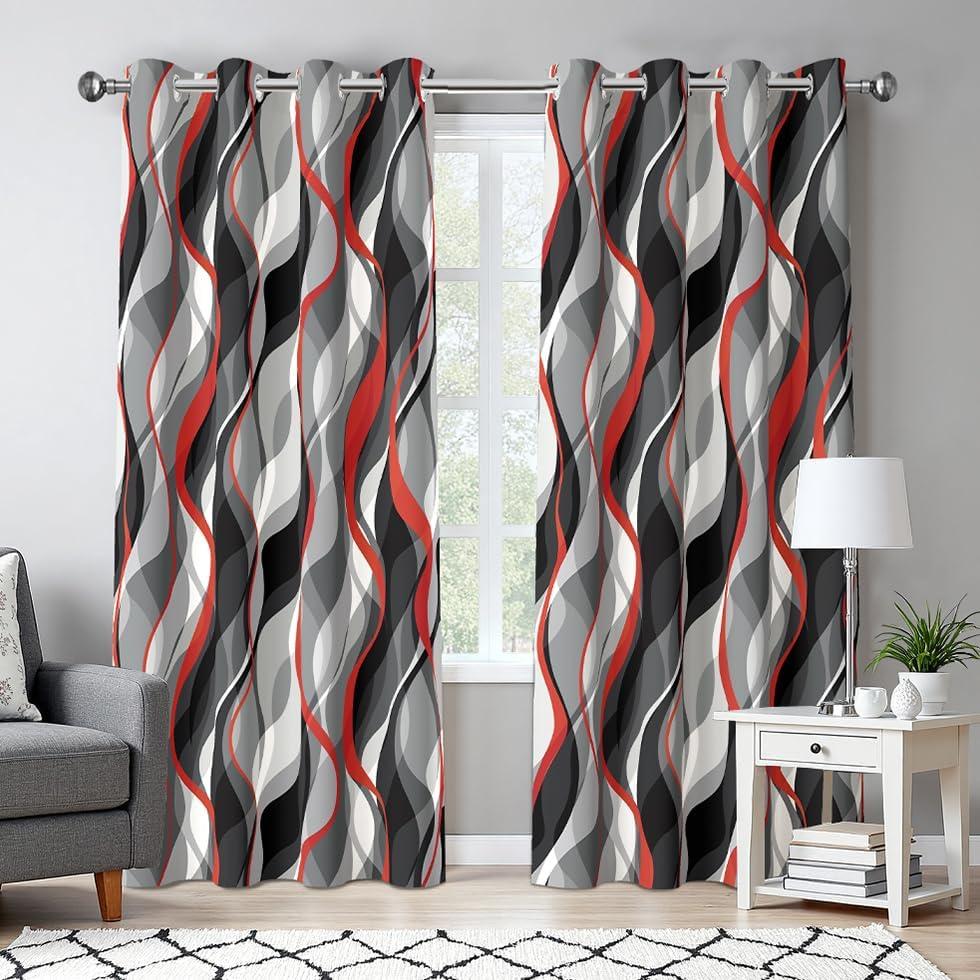 weesire Red and Black Curtains Modern Striped Decorative 50% Light Blocking Darkening Grommet Red Curtain for Living Room Villa, Bedroom Gray and Red 2 Panels Set, 52x84 Inches
