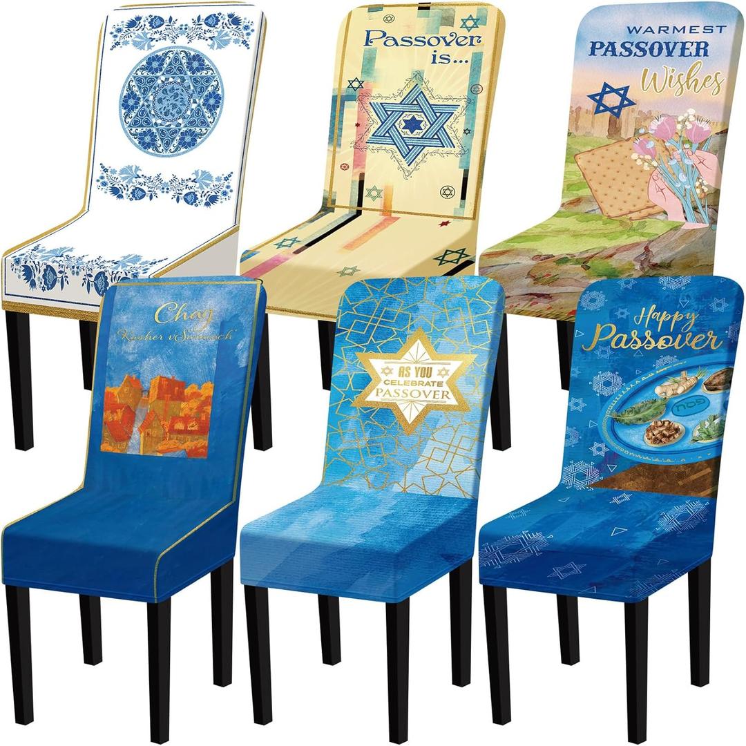 Moukeren 6 Pcs Passover Chair Covers Removable Washable Stretch Polyester Spandex Slipcovers Star of David Parson Jewish Holiday Chair Protector for Passover Home Dining Room Ceremony Party Decoration