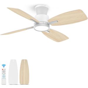 Roomratv Ceiling Fans with Lights,42 inch Flush Mount Ceiling Fan with Night Light,Quiet Reversible DC Motor Dimmable Lighting Modern Low Profile Ceiling Fan with Light White