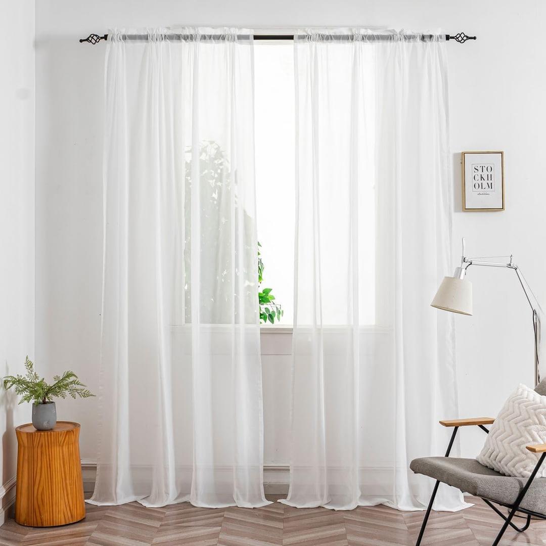Ivory White Sheer Curtains 96 Inches Long, 2 Panels Set, Light Filtering Rod Pocket Window Drapes, Elegant Semi-Transparent Curtain Panels for Living Room, Bedroom, Each 50" W x 96" L
