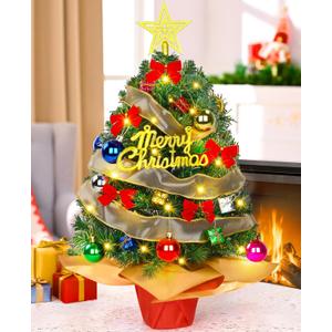 Small Christmas Tree with Lights, 2 FT Mini Christmas Tree with Lifelike Branches Hanging Ornaments Decorative Bow Gift Boxes for Table Mantle Home Indoor DIY Christmas Decorations