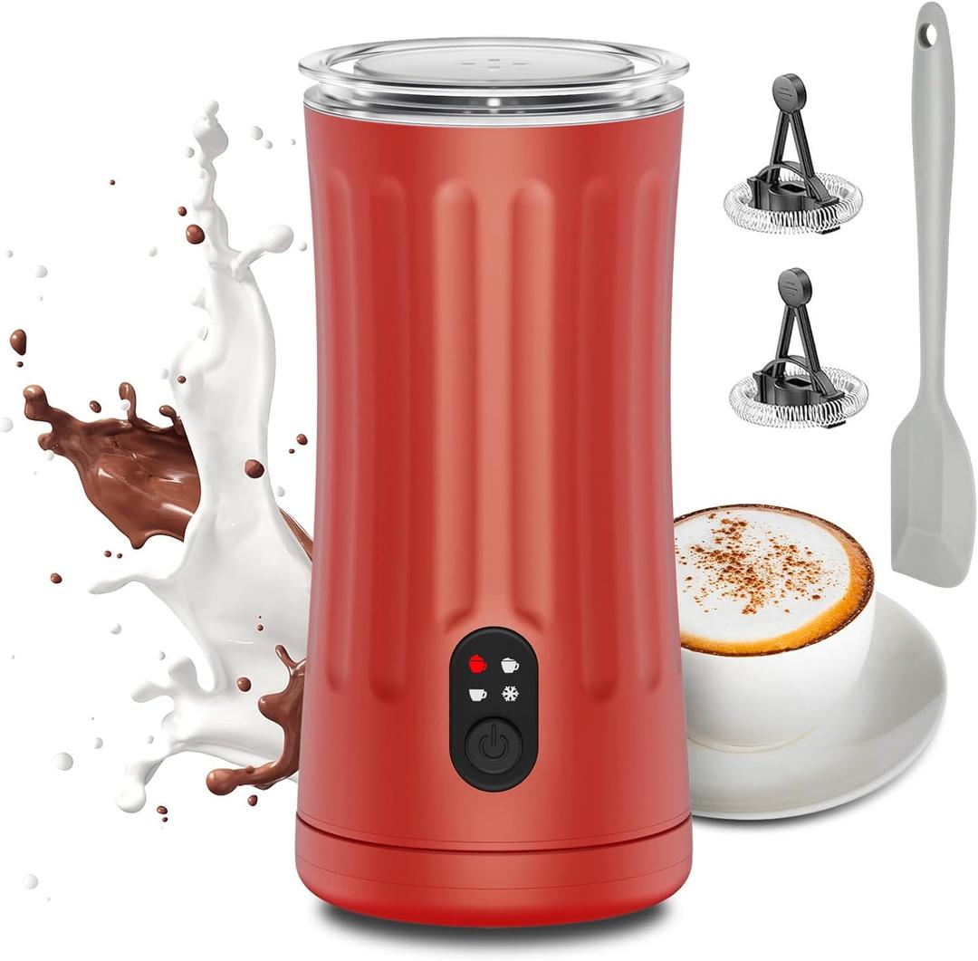 Milk Frother, Upgraded 4-in-1 Milk Frother and Steamer, Hot and Cold Foam Maker and Milk Warmer with Temperature Control & Auto Shut-Off, Frother for Coffee, Latte, Cappuccino, Matcha (Red)
