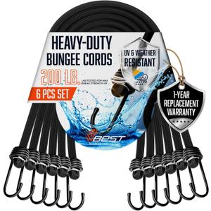 Bungee Cords with Hooks 48 Inch - 6 Piece Heavy Duty Black Bungie Cords for Outdoor Use, UV & Weather Resistant