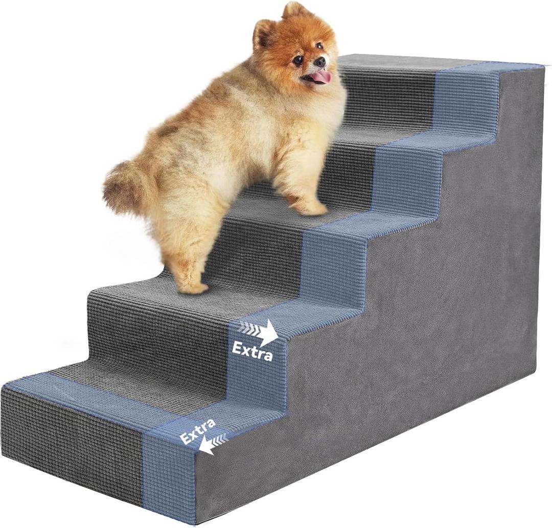 Niubya Dog Stairs for Small Dog and Cats,23H Non-Slip Bottom Pet Steps for High Beds and Couch,Extra Wide High-Density Foam Pet Stairs Grey,5 Steps, 16.5" x 34" x 23"