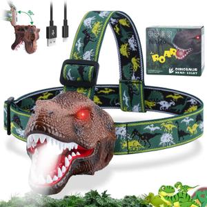 Dinosaur Headlamp for Kids Flashlight Rechargeable Led Headlights Roar & Silent Mode, T-Rex Dinosaur Toys for Kids 3-5 4-6 5-7 6-8, Camping Gear, Easter Gifts for Boys Girls Adults