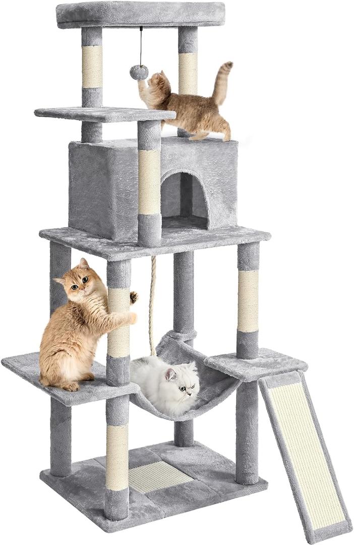 ABCPET Cat Tree Tower 63in Multi-Level Cat Tower for Indoor Cats with Sisal Scratching Posts, Condo, Hammock, Dangling Ball and Extended Platform for Cats to Play, Light Grey