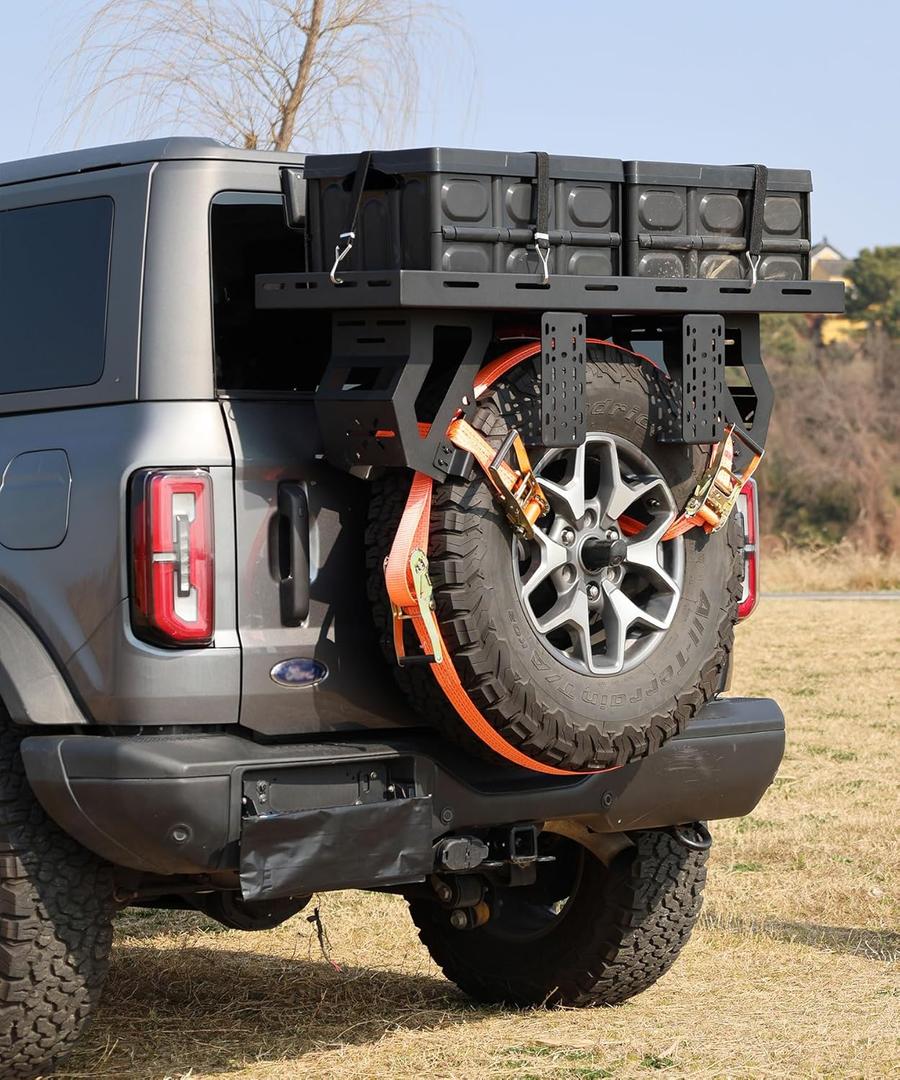Utility Cargo Rack Basket Storage Tray Spare Tire Storage Rack Fit for 1976-2025 Jeep Wrangler JK/JL, 2021-2025 Ford Bronco 27"-32" Tire 88 LB Capacity No-Drill Installation