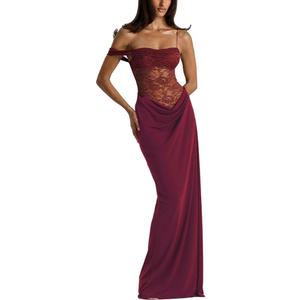 Women's Sexy Lace Maxi Dress High Split Spaghetti Strap Backless Wedding Guest Cocktail Formal Dresses, S