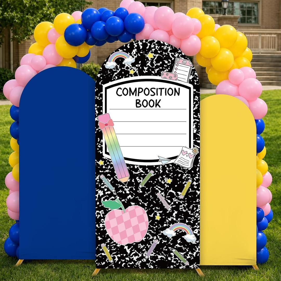 2 x Composition Notebook Backdrop Covers 4ft 5ft 6ft Back to School Stretchy Stand Spandex Arch Cover Background for Kid First Day of School Background for Kindergarten Party Decorations Supplies, 6ft x 2.6ft, 5ft x 2ft, 4ft x 1.6ft
