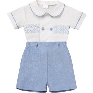 ODASDO Baby Boy Smocked Outfit Toddler Kids Short Sleeve Shirt and Shorts Set for Birthday Party Cake Smash Wedding Baptism, Size: 3T