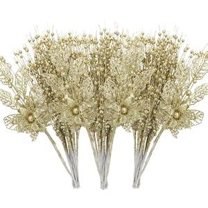 ROSELEAF 28 Pack Artificial Glitter Berry Stem Ornaments, Gold Christmas Ornaments Flower Branches Picks for Xmas Tree Decoration Gift Decor Small Vase Home Holiday Wedding Party Decor