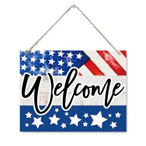 4th of July Wooden Decoration, Farmhouse Home Decor ofr Front Door Porch Wall, Patriotic Hanging Door Sign with Holes and Twine, American Flag Rustic Wooden Plaque for Independence Day Memorial Day