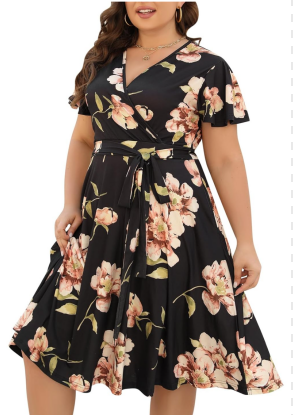 Nemidor Plus Size Dresses for Curvy Women Casual Summer V Neck Short Sleeve Midi Cocktail Vintage Dress with Pocket, Size Medium