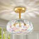 Gold Semi Flush Mount Ceiling Light, 12''& 3-Bulb Vintage Ceiling Light Fixture, Stained Glass Shade Hanging Hammered Lampshade for Hallway, Kitchen, Farmhouse, Foyer, Bedroom - Bulbs Not Included (Rainbow)