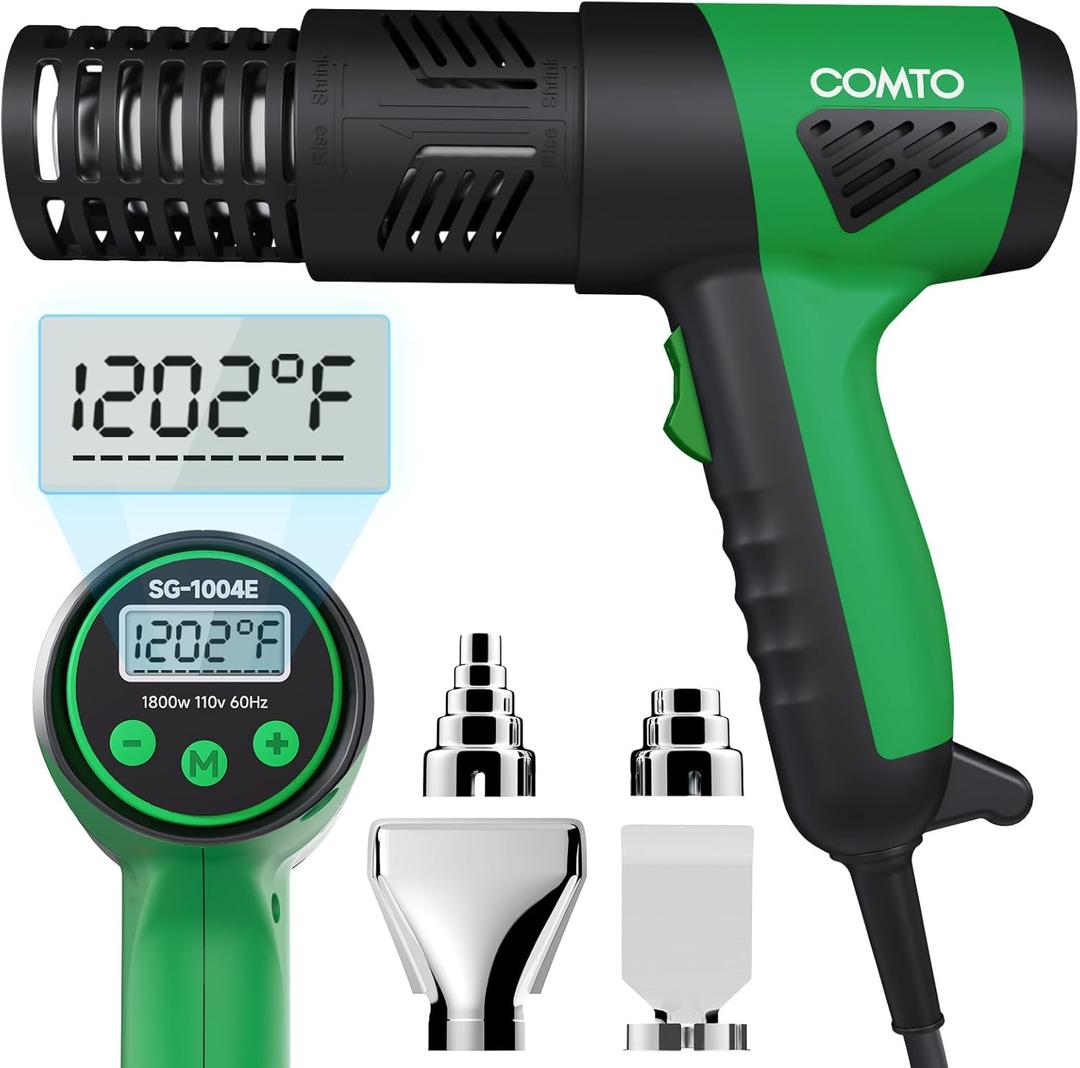 1800W Heat Gun with LCD Digital Display, Variable Temperature Control 122-120250- 650with 4 Nozzles for Crafts, Vinyl Wrap, Shrink Tubing (SG-1004E)
