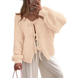 PRETTYGARDEN Women's Tie Front Bow Cardigan Sweaters Chunky Knit Long Puff Sleeve Trendy Fall Winter Jacket Coats, Size L