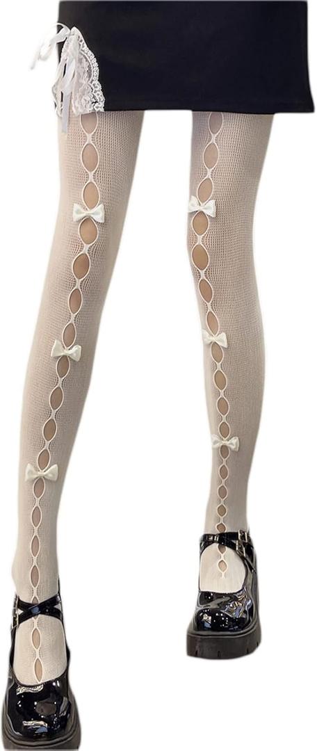 Women Lolita Tights with Bows Cute Mesh Hallow Harajuku Stockings 80S 90S Female Girls Gothic Lace Stockings Leggings (One Size, White)