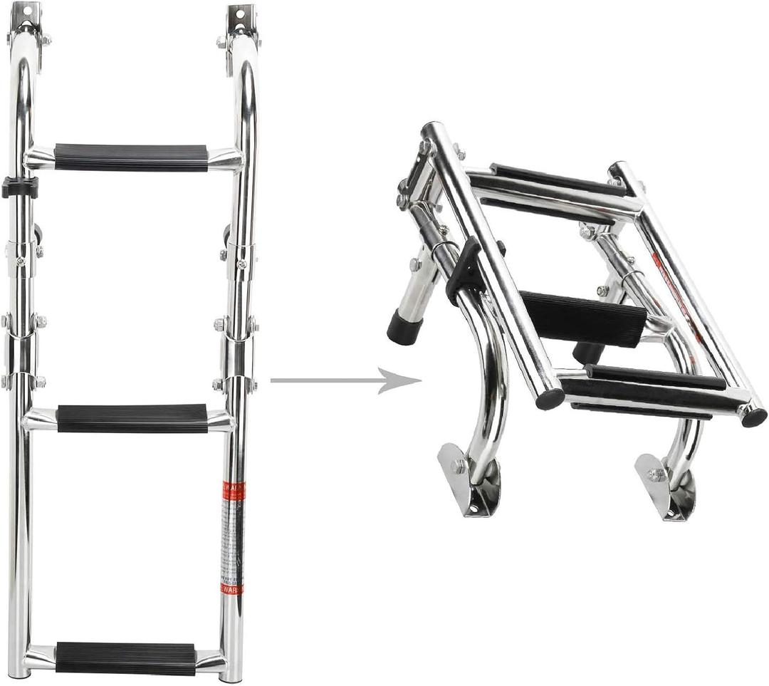 NovelBee Foldable Stainless Steel 3 Steps Ladder Stern Mount w Rubber Grips for Marine Boat Yacht (3 Steps:2+1 Steps)