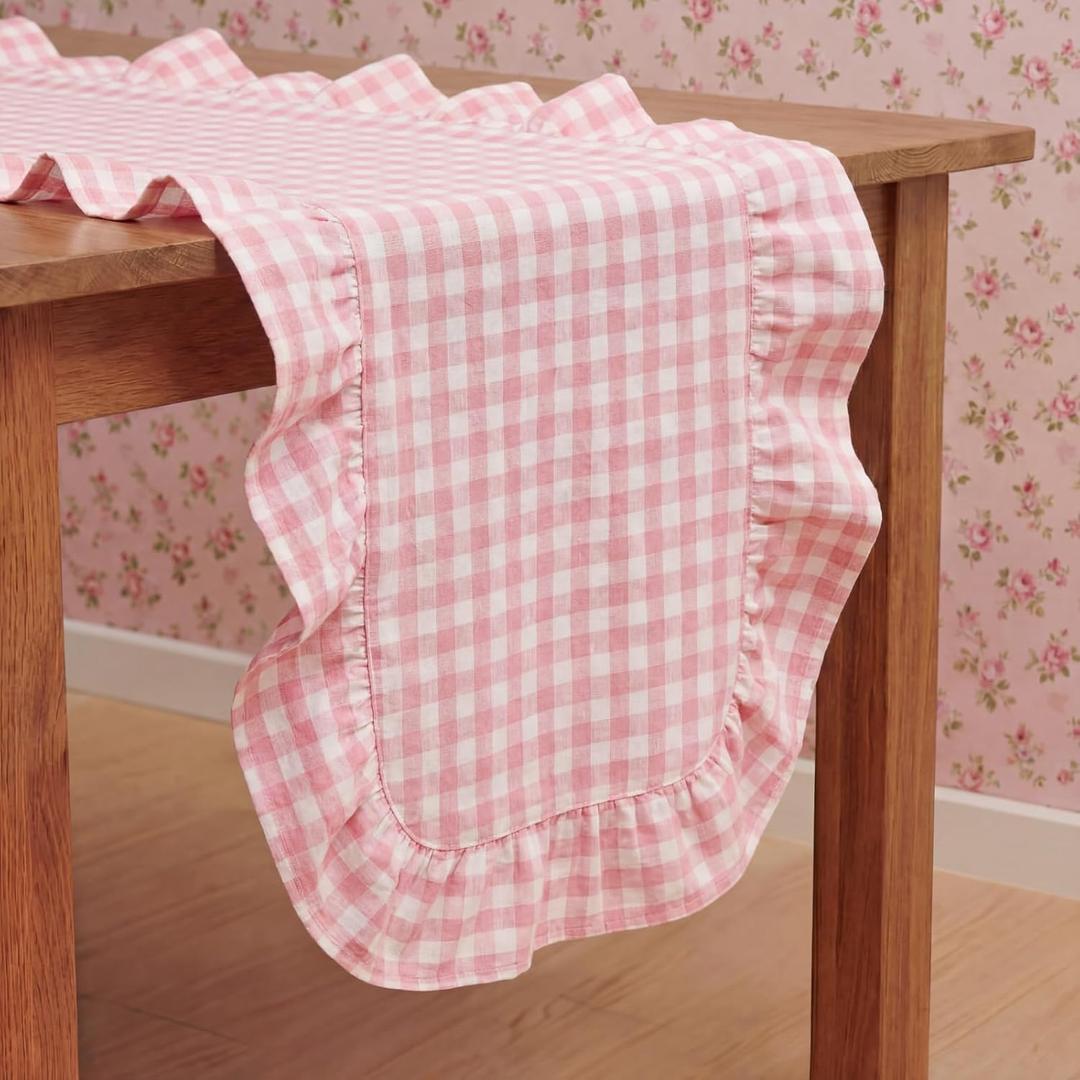 Tegeme Pink Gingham Table Runner 12''x71'' Cotton Ruffle Checkered Plaid Tables Runner Farmhouse Gingham Tablecloth for Home Kitchen Dinner Party Table Decorations (Plaid)