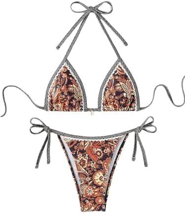 BYFINECANY Women's Floral Printed Bathing Suit Halter Paisley Summer Swimsuit Bikinis Set S