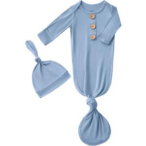Newborn Baby Boys Girls Knotted Gown Hat Set Soft Bamboo Viscose Infant Sleeper Baby Sleep Gown with Mittens (0-3 Months, Dusty Blue)