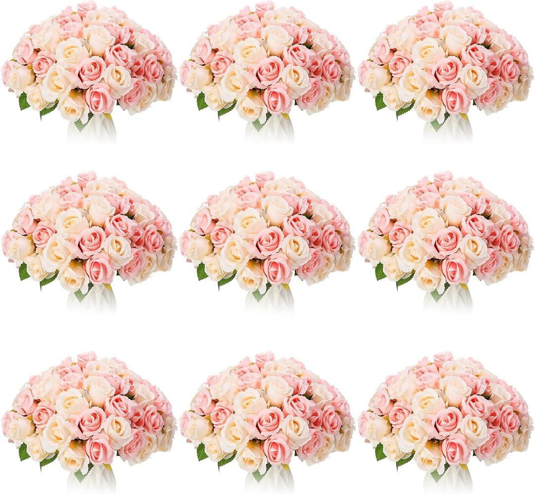 Jexine, 10 Bouquets Artificial Rose Flowers, 120 Pcs, Pink and White, Silk, DIY Bride, Home, Wedding Party Decorations