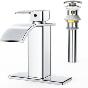 RUACQ Waterfall Bathroom Faucet,Single Handle Bathroom Sink Faucets for 1 or 3 Hole, Stainless Steel Washbasin Mixer Tap with Deck,Pop-up Drain and Supply Hoses (Chrome)