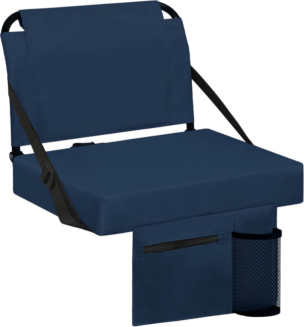 Stadium Seat for Bleachers with Back Support and Wide Padded Cushion Stadium Chair - Includes Shoulder Strap and Cup Holder (Navy-1 Pack)