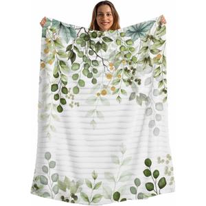 Sage Green Eucalyptus Throw Blanket, Farmhouse Leaves Fluffy Soft Blankets for Couch Bed Travel, Botanical Floral Plush Microfiber Striped Flannel Blankets, Lightweight Sofa Blankets 30"x40"