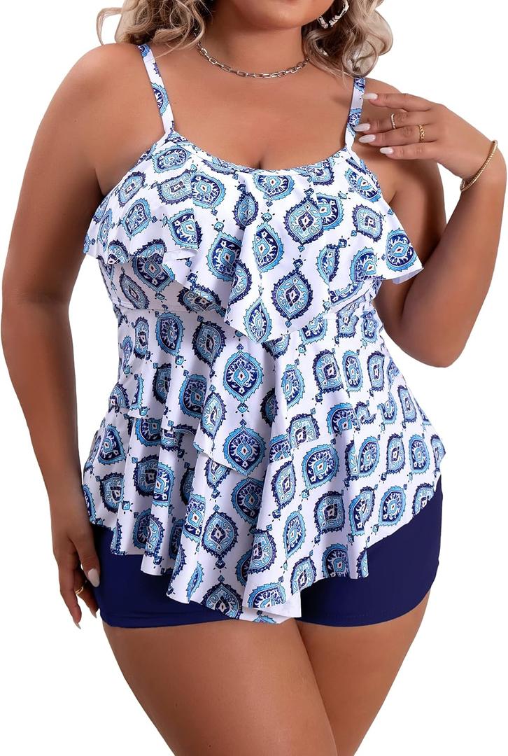 B2prity Women Plus Size Tankini Swimsuits Tummy Control Two Piece Bathing Suit Ruffled Flounce Swimwear with Shorts (XX-Large, Blue,white)