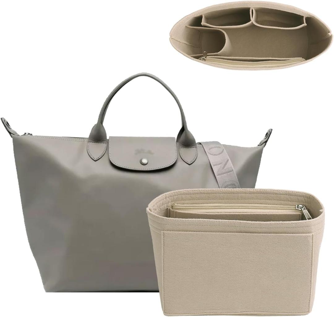 Felt Purse Organizer Insert for Longchamp Le Pliage, Handbag Insert with Multi-Pockets Fits Speedy, Neverfull and More (Small, Beige)
