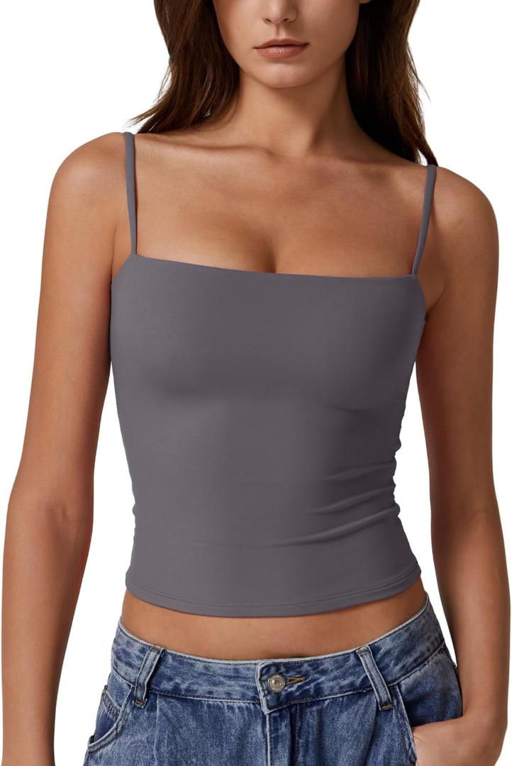 QINSEN Women's Spaghetti Strap Tank Tops Adjustable Cute Camisole Going Out Crop Tops Summer Clothes Dark Grey XS