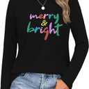 Christmas Shirts for Women Retro Pink Santa Vintage Cute Christmas Tree and Bow Graphic Xmas Vacation Tees Top (Black, L)