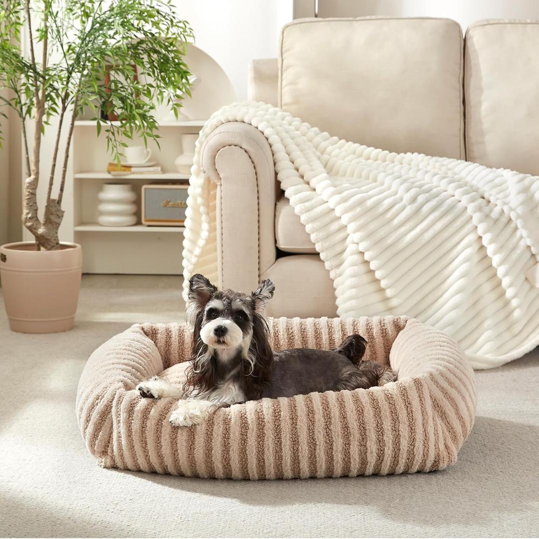 MIXJOY Dog Bed for Medium Small Size Dog, Washable Medium Dogs Bed with Removable Cover, Rectangle Doggy Ded Fluffy Plush Faux Fur Pet Bed with Anti-Slip Bottom, 25"x21"x7", Beige