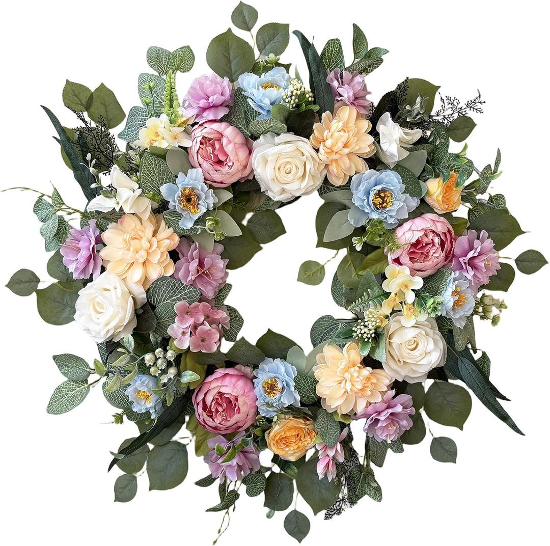 Spring Wreaths for Front Door, Summer Wreath with Peony Rose and Dahlia Flowers, 24 Inch Floral Door Wreath for All Seasons Outside Outdoor Indoor Wall Wedding Holiday Home Decor (Multicolor)