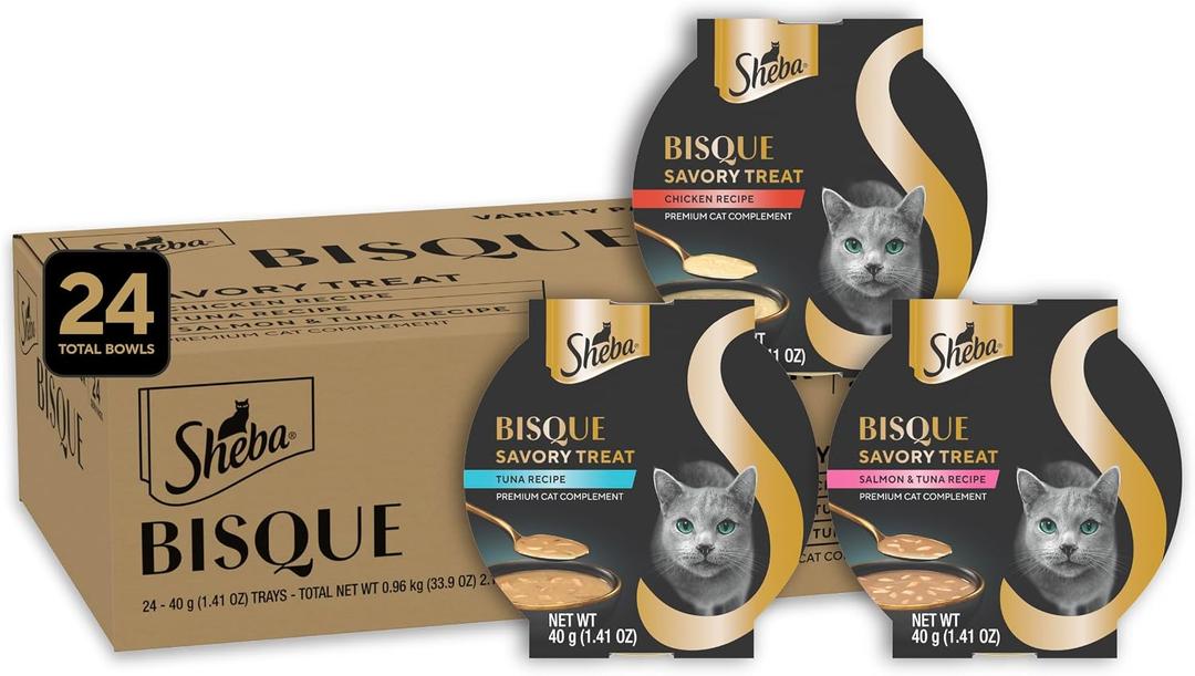 Sheba Bisque Cat Treats & Food Toppers, Variety Pack, 1.4 oz, 24 Count (EXP 10/12/27)