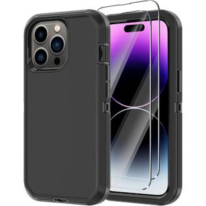 Annymall for iPhone 14 Pro Case with 2 Screen Protector, Heavy Duty Drop Protection Shockproof Full Body 3-Layer Military Rugged Durable Protective Cover for Apple iPhone 14 Pro 6.1" (Black)