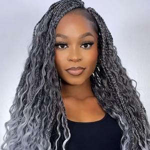 Goddess Box Braids Crochet Hair for Women 18 Inch 8 Packs Boho Crochet Box Braids with Curly Ends Bohemian Pre-looped Crochet Braiding Hair Extensions(18inch,1B/Gray)