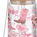 Coquette Bow Aesthetic Cup 16oz Cowgirl Glass Cup with Lid and Straw Pink Bow Tumbler Cowgirl Gifts for Women Girls Friend Sister Girlfriend