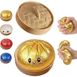 Glitter Dumpling Squishy Box, Dumpling Squishies, Sensory Squeeze Toy for Stress Relief, Soft Decompression Dough for Adults Office and Home Use (Gold Powder Emoji bun)