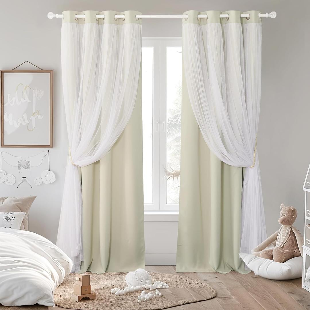 PONY DANCE Double-Layered Curtains - Blackout Curtains 63 Inch Length, Grommet Top Design White Sheer Panels for Bedroom/Living Room (W52xL63, Beige, One Pair, with Free Tie-Backs)