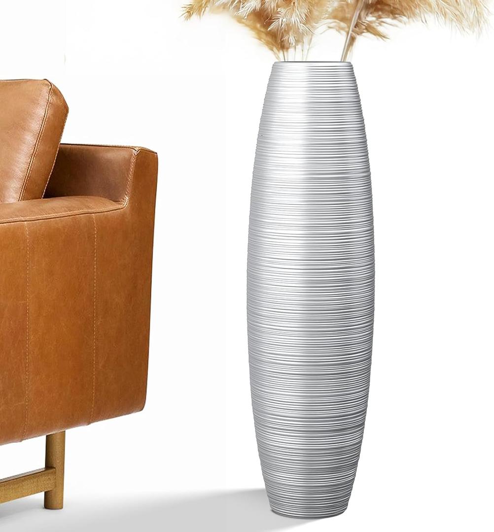 Tall Floor Vase, 27.5 inches (70cm, 2.3FT) Tall Vases Sturdy, Luxury, Textured for Decorative Branches Dried Flowers, Floor Vase for Rustic Living Room, Modern Decor, Resin Silver Vases