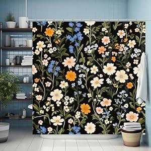 Palettease Black Floral Shower Curtain Set for Bathroom, Waterproof Polyester Fabric, Vintage Botanical Bath Window Curtain with Metal Hooks, Decorative Colorful Cottagecore Flowers Design, Weighted
