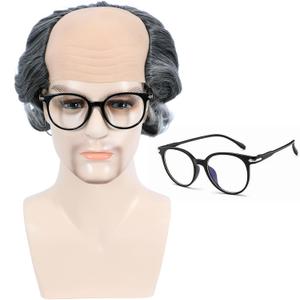 Old Man Costume Wig and Glasses Bald Cap Curly Synthetic Hair Wigs for Mens Cosplay Halloween Party (Grey Mixed White)