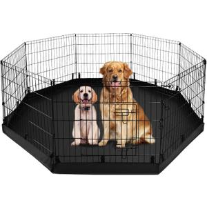 PJYuCien Dog Playpen with Bottom Pad - Metal Foldable Exercise Pen, 8 Panels 24" H x 24" W Indoor Outdoor Pet Fence Puppy Crate Kennel, Black