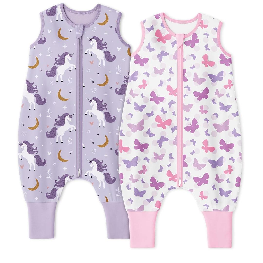 Yoofoss Toddler Sleep Sack With Feet 3-4T 100% Organic Cotton Baby Sleep Sack with Legs Toddler Wearable Blanket with 2-Way Zipper (Purple Unicorn& Pink Butterfly)